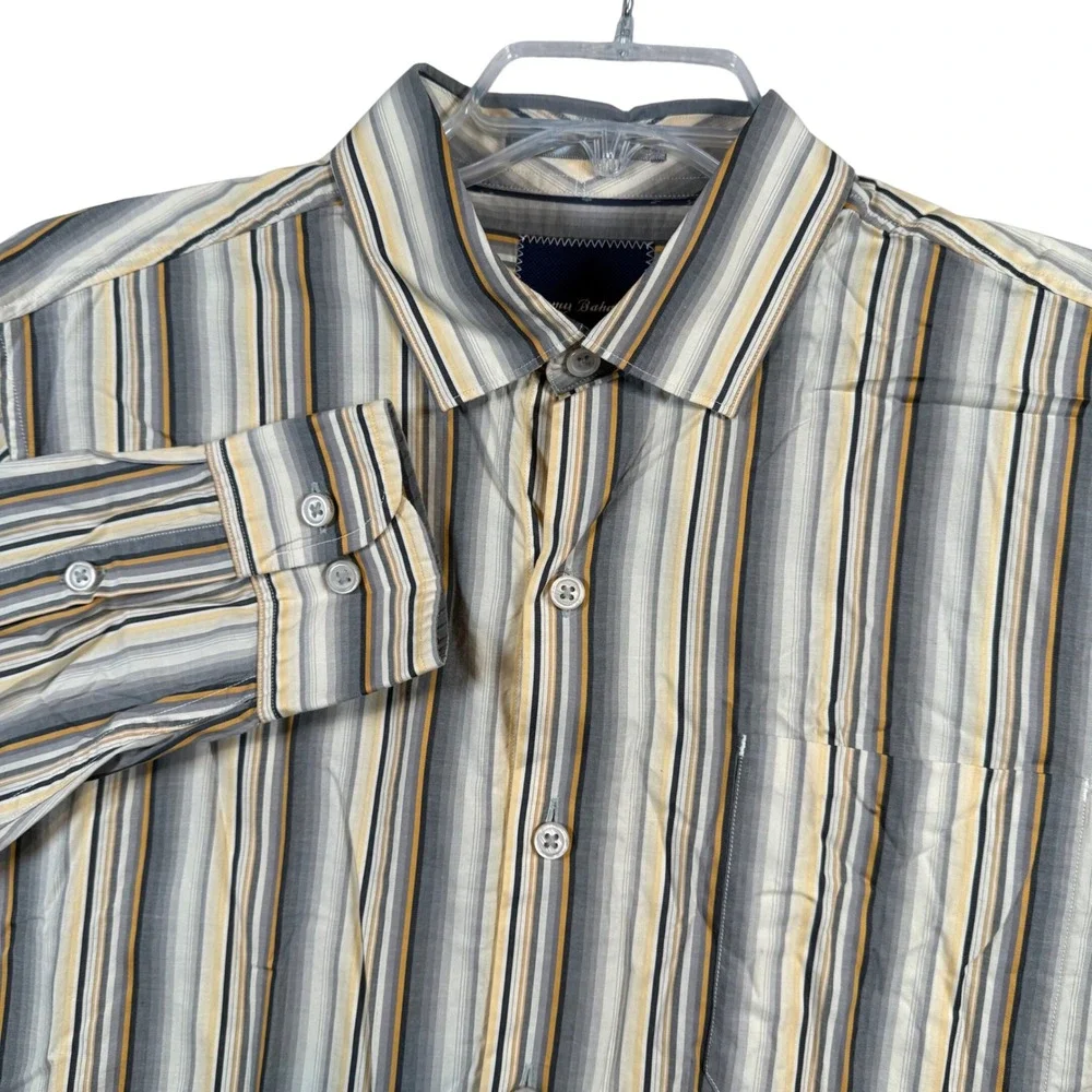 Tommy Bahama Button Down Shirt Mens Medium Grey Yellow‎ Striped Pima Cotton